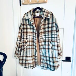 Altar'd State Plaid Teddy Jacket - Cream and Brown length from shoulder